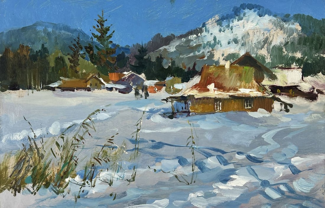 Oil painting Snow Covered Village Under a Clear Sky Yuriy Suprunchuk - 3