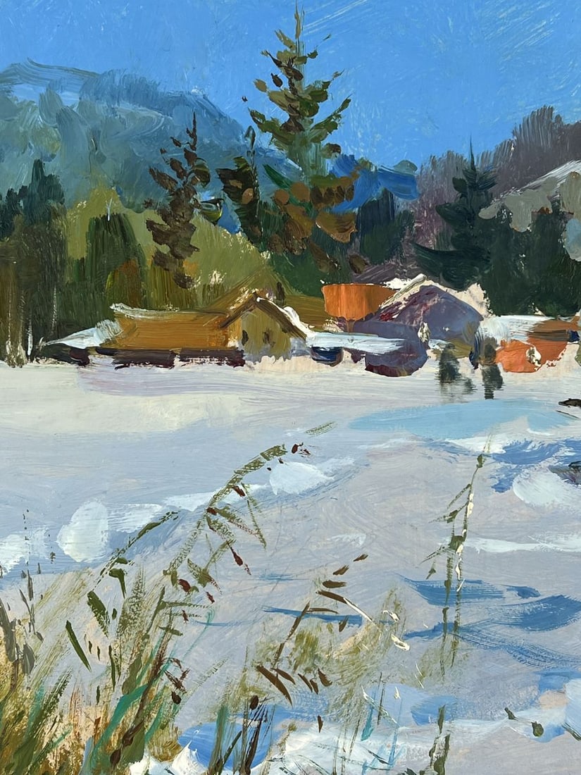 Oil painting Snow Covered Village Under a Clear Sky Yuriy Suprunchuk - 4