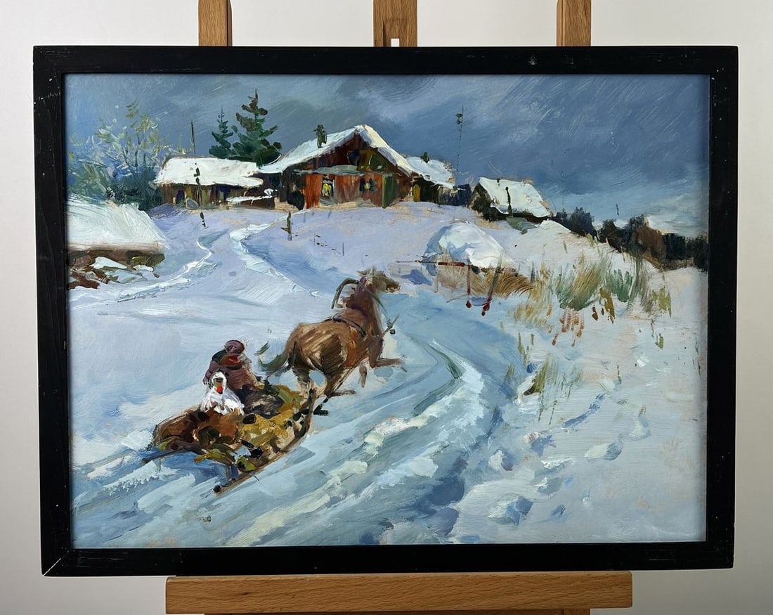 Oil painting Horse drawn carriage in Winter Village Yuriy Suprunchuk: Title: Oil painting Horse drawn carriage in Winter Village Yuriy Suprunchuk Description: No.AAA6537*** ABOUT THIS PAINTING **** TITLE: "Horse-drawn carriage in Winter Village"* ARTISTS: Yuriy Suprunch