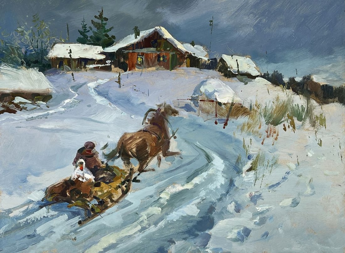 Oil painting Horse drawn carriage in Winter Village Yuriy Suprunchuk - 3