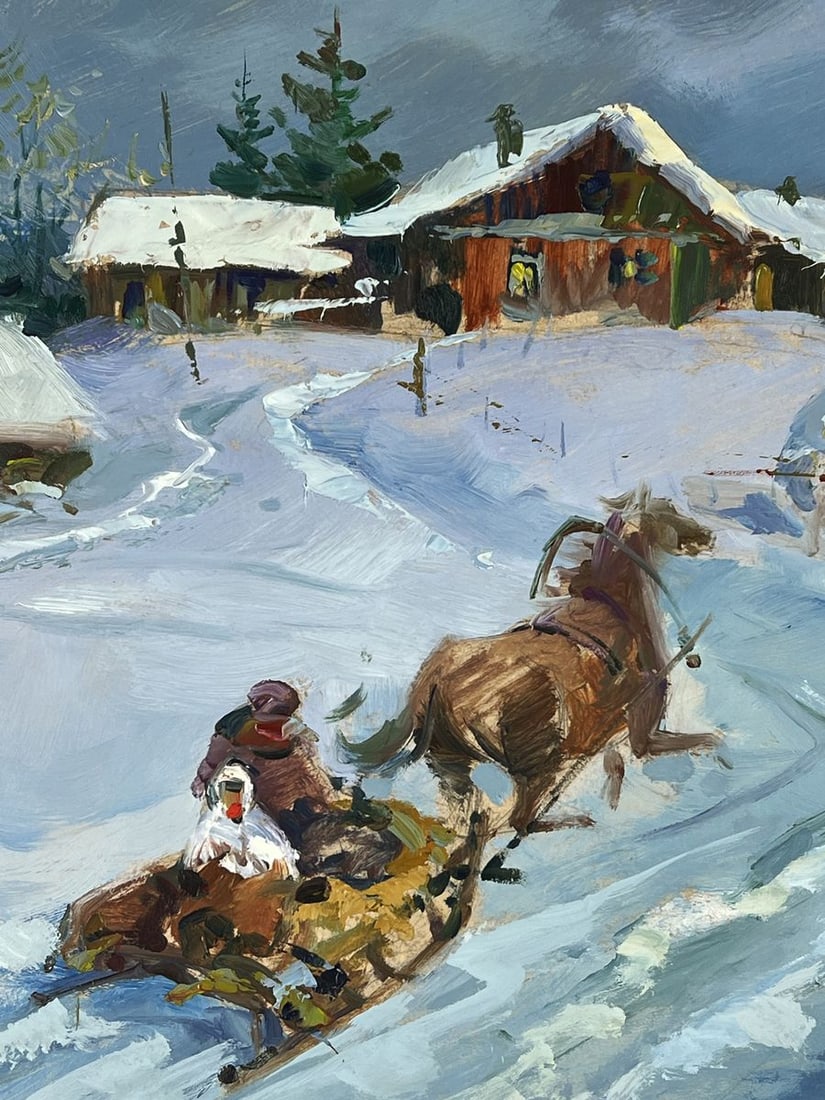 Oil painting Horse drawn carriage in Winter Village Yuriy Suprunchuk - 4