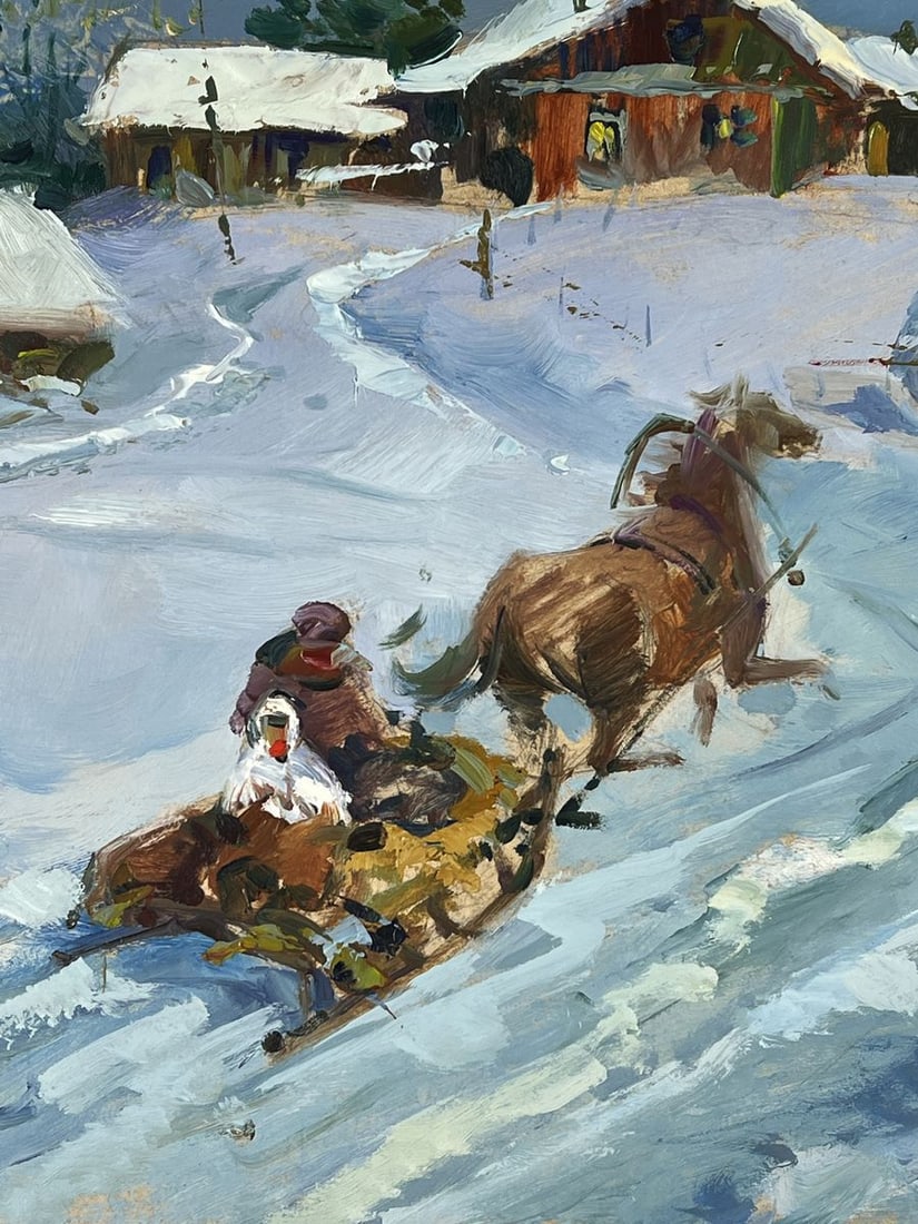 Oil painting Horse drawn carriage in Winter Village Yuriy Suprunchuk - 5