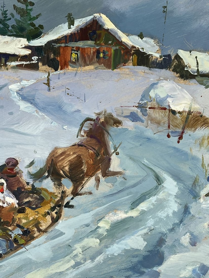 Oil painting Horse drawn carriage in Winter Village Yuriy Suprunchuk - 6