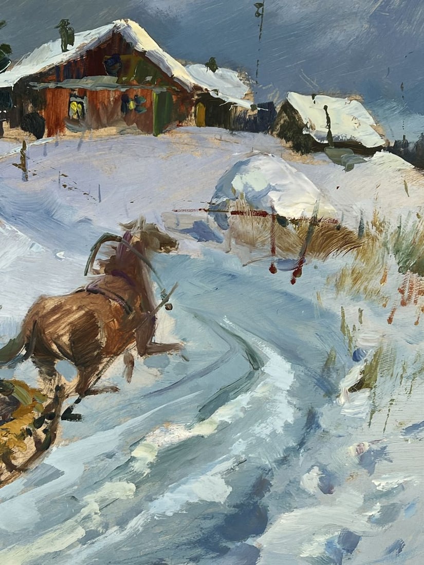 Oil painting Horse drawn carriage in Winter Village Yuriy Suprunchuk - 8