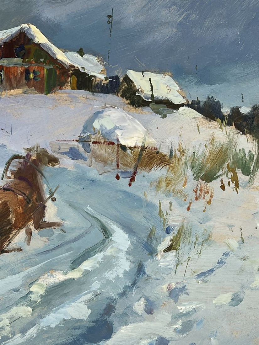 Oil painting Horse drawn carriage in Winter Village Yuriy Suprunchuk - 9