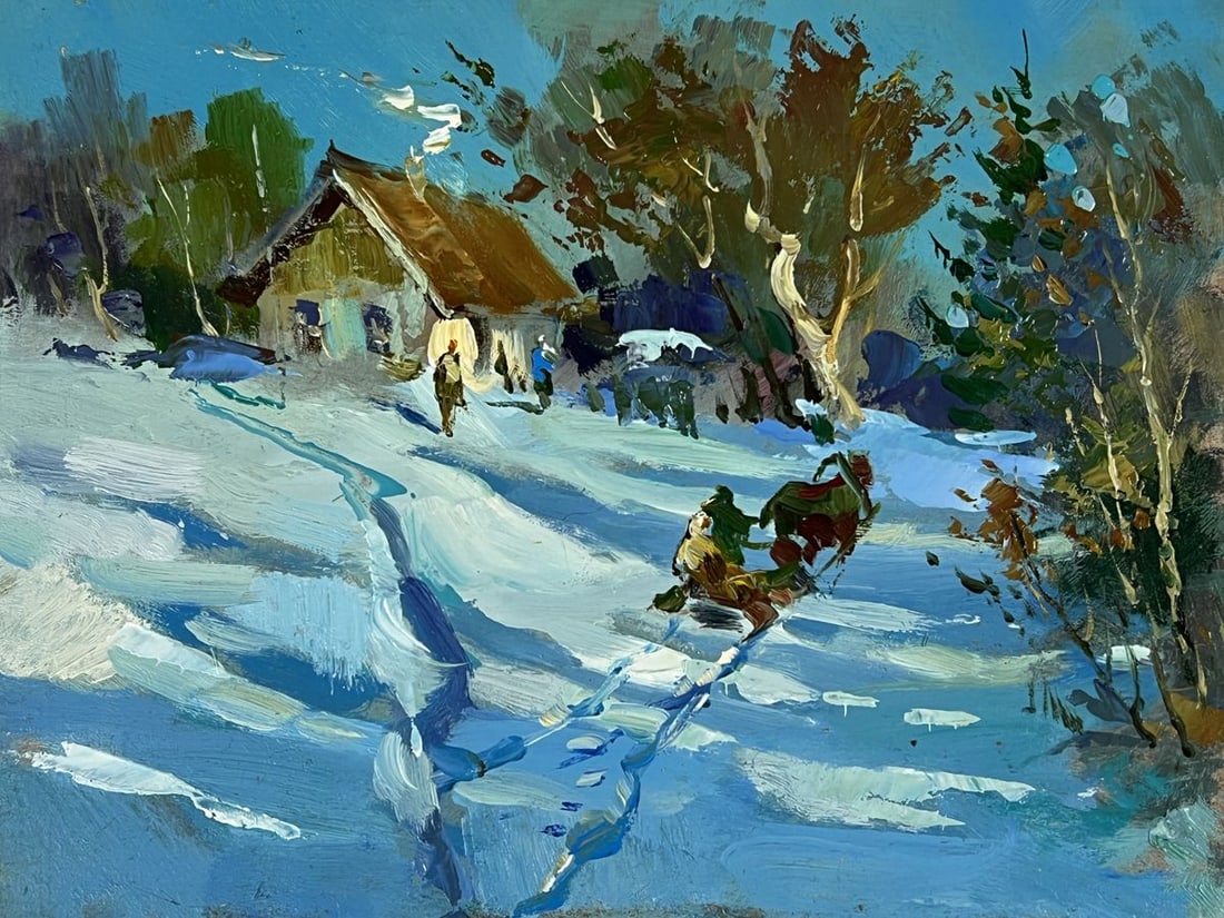 Oil painting Snow Sleigh Passes a Village Yuriy Suprunchuk - 3
