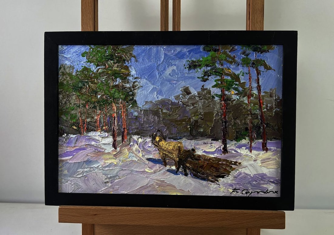 Oil painting Winter road through quiet forests Boris Serdyuk: Title: Oil painting Winter road through quiet forests Boris Serdyuk Description: No.AAA5461The Oil painting on Cardboard titled “Winter road through quiet forests” evokes the serene beauty and