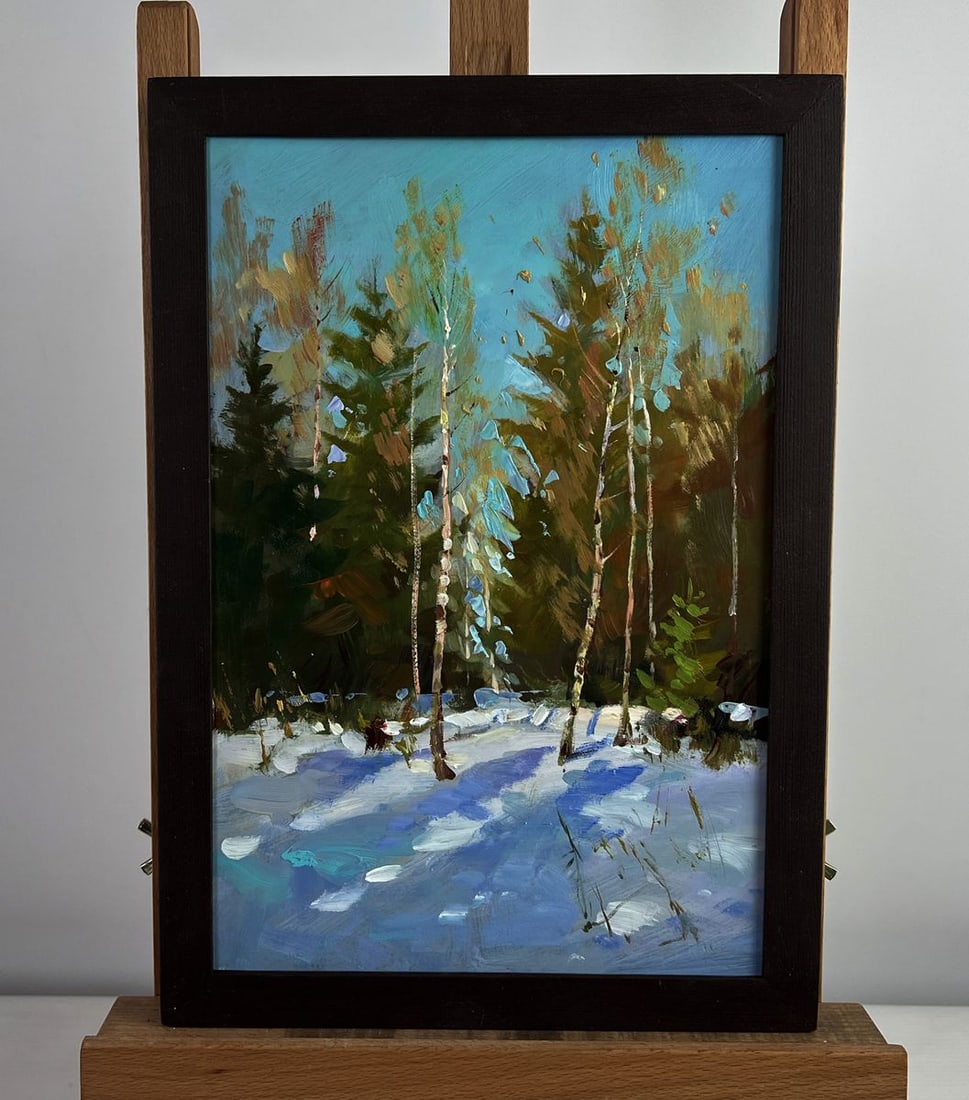 Oil painting Sunny winter forest Yuriy Suprunchuk: Title: Oil painting Sunny winter forest Yuriy Suprunchuk Description: No.AAA4975The oil painting on cardboard titled "Sunny Winter Forest" immerses the viewer in the quiet magic of a snow-covered wood