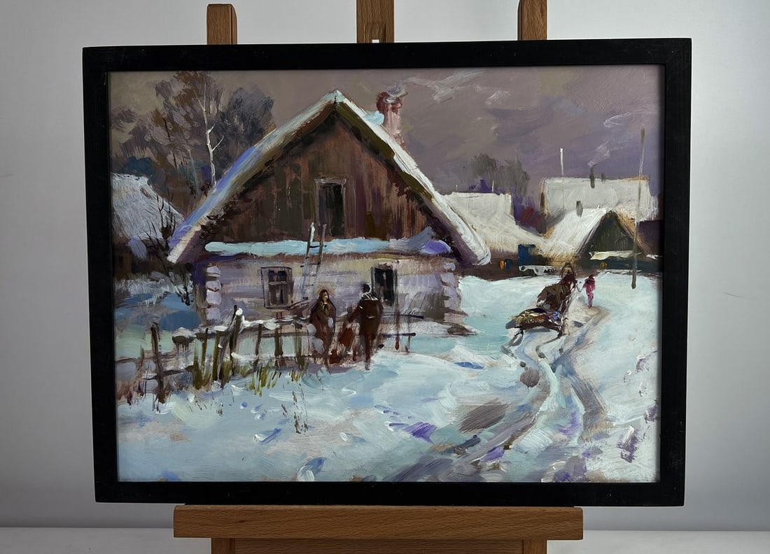 Oil painting Busy winter street of the village Yuriy Suprunchuk: Title: Oil painting Busy winter street of the village Yuriy Suprunchuk Description: No.AAA4991This oil painting on cardboard titled "Busy winter street of the village" vividly brings to life a charmin