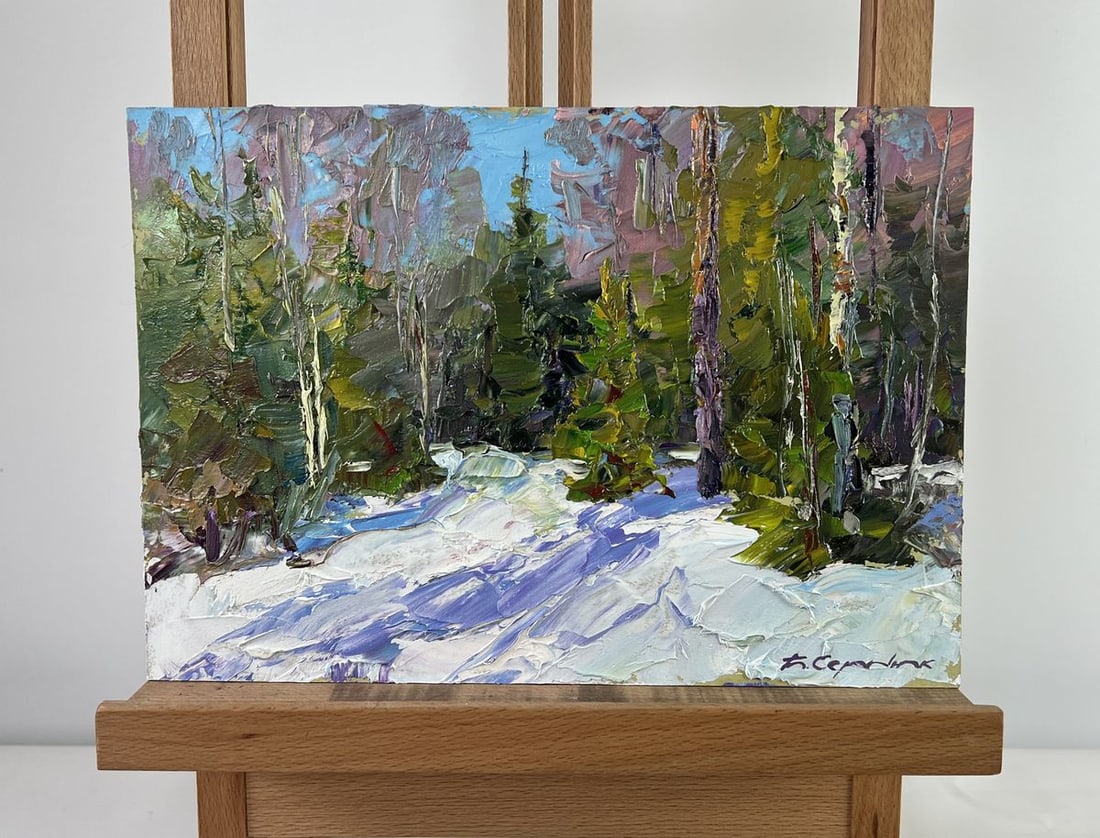 Oil painting Winter fairy tale in the forest Boris Serdyuk: Title: Oil painting Winter fairy tale in the forest Boris Serdyuk Description: No.AAA4757The oil painting on Cardboard titled "Winter Fairy Tale in the Forest" immerses the viewer in a magical woodlan