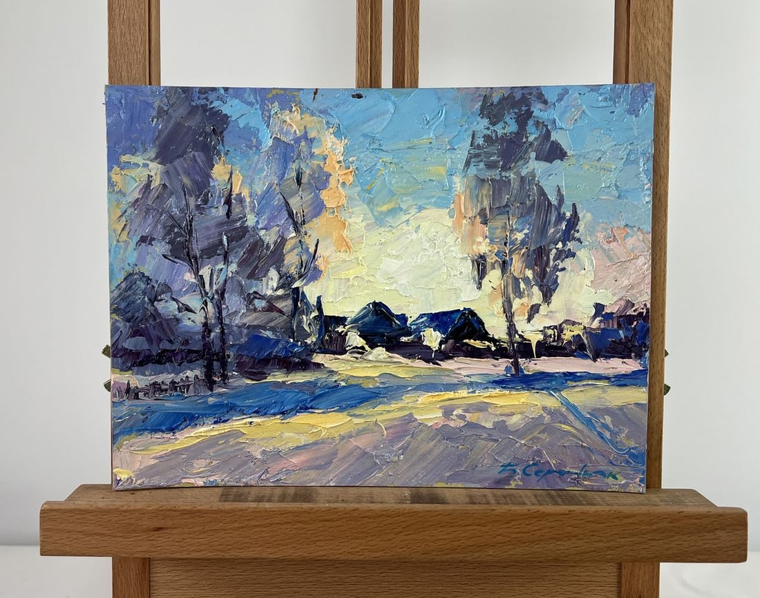 Oil painting Winter silence between trees and houses Boris Serdyuk: Title: Oil painting Winter silence between trees and houses Boris Serdyuk Description: No.AAA4785The oil painting on Cardboard titled "Winter Silence Between Trees and Houses" captures the serene and 