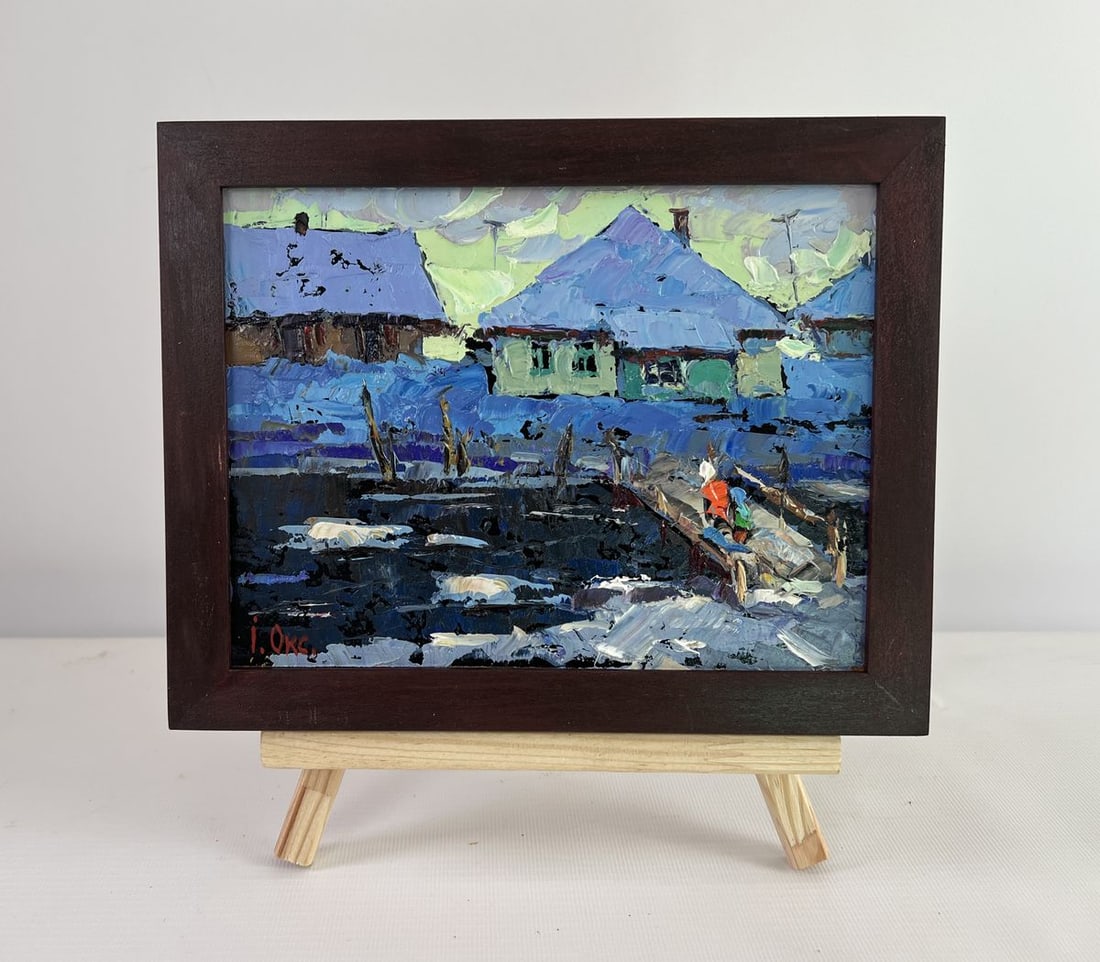 Oil painting The evening light of the native house Oksana Kalenyuk: Title: Oil painting The evening light of the native house Oksana Kalenyuk Description: No.AAA5079The oil painting on Cardboard titled "The Evening Light of the Native House" is a deeply evocative and 