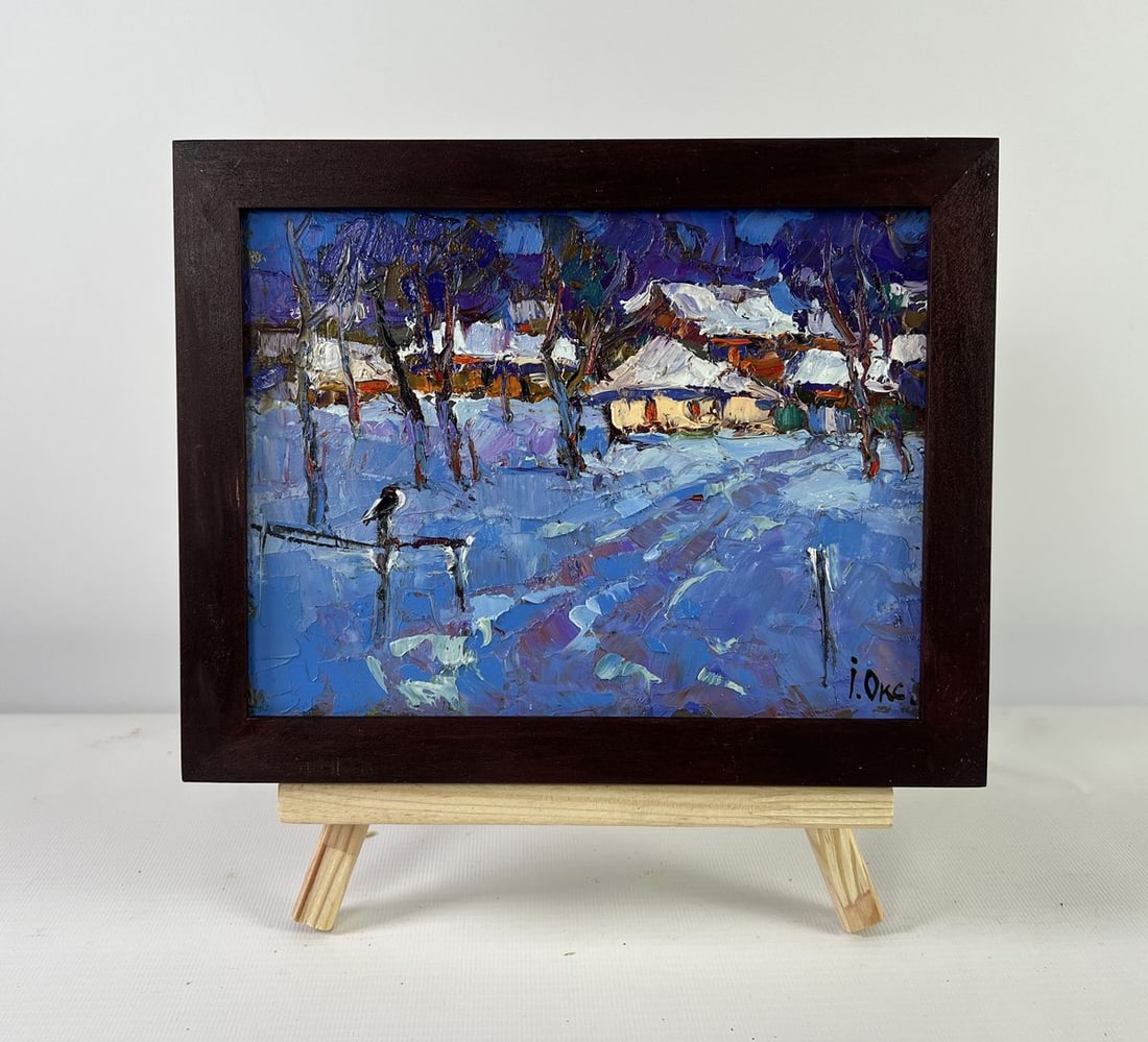 Oil painting Moonlight winter light Oksana Kalenyuk: Title: Oil painting Moonlight winter light Oksana Kalenyuk Description: No.AAA5101The oil painting on Cardboard titled "Moonlight Winter Light" captures the tranquil majesty of a snow-covered village 
