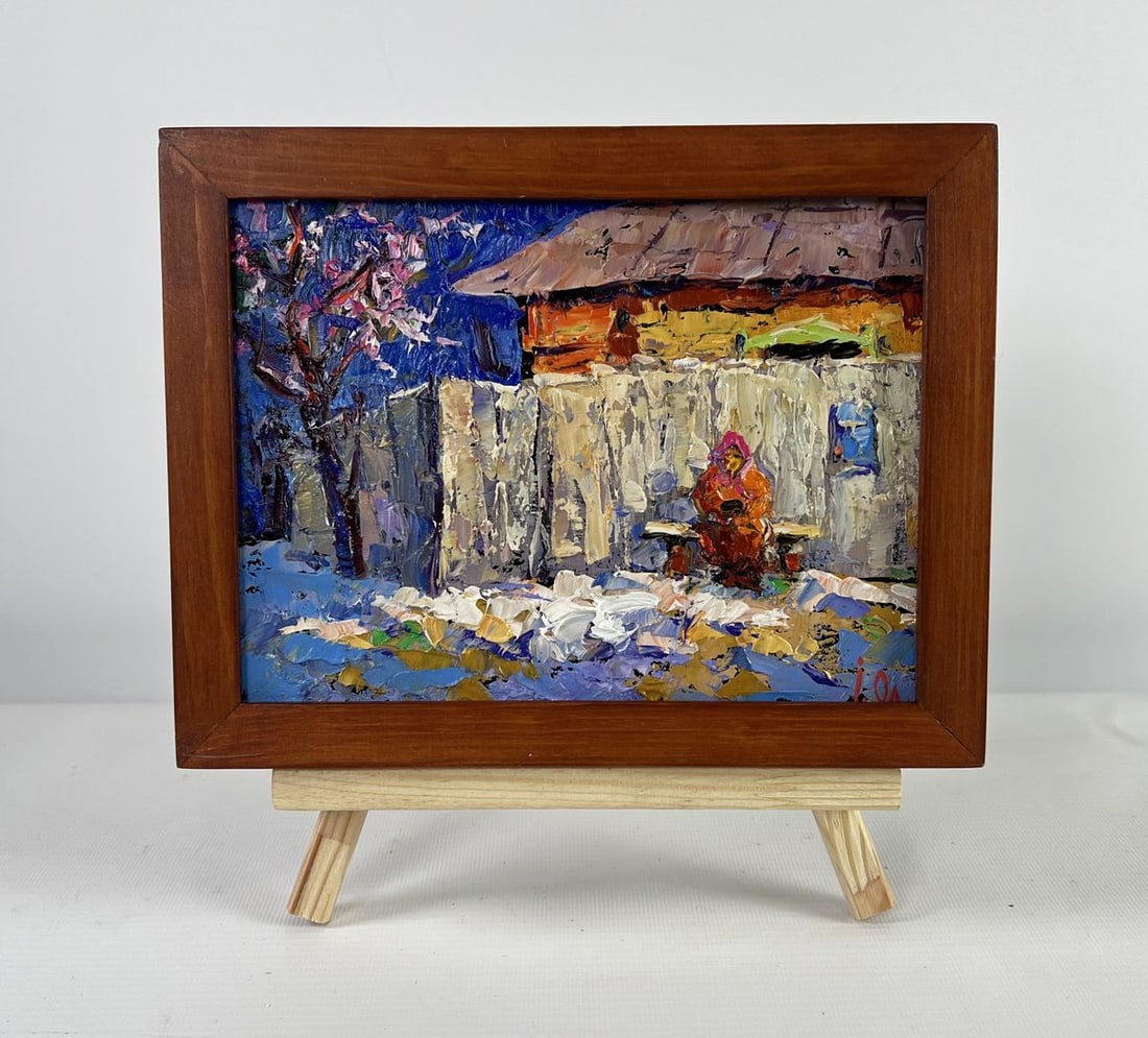 Oil painting Warm evening in grandma's house Alex Kalenyuk: Title: Oil painting Warm evening in grandma's house Alex Kalenyuk Description: No.AAA5131The oil painting on Cardboard titled "Warm evening in grandma's house" is a vivid and emotionally resonant trib