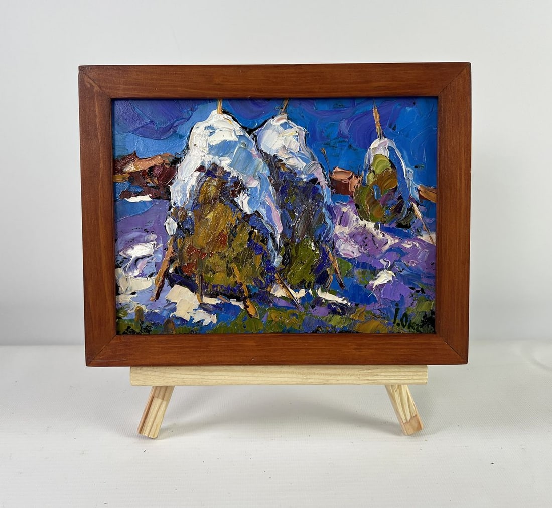 Oil painting Hay under the snow Oksana Kalenyuk: Title: Oil painting Hay under the snow Oksana Kalenyuk Description: No.AAA5140The oil painting on Cardboard titled "Hay under the Snow" presents a raw and vivid portrayal of winter's silent embrace ov