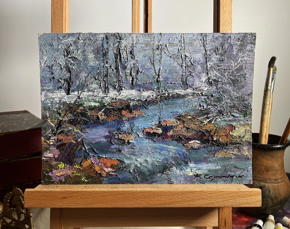 Oil painting Magical winter Boris Serdyuk: Title: Oil painting Magical winter Boris Serdyuk Description: No.AAA3688"Magical Winter" is an evocative oil painting on cardboard that captures the ethereal beauty of a winter landscape. The artist s