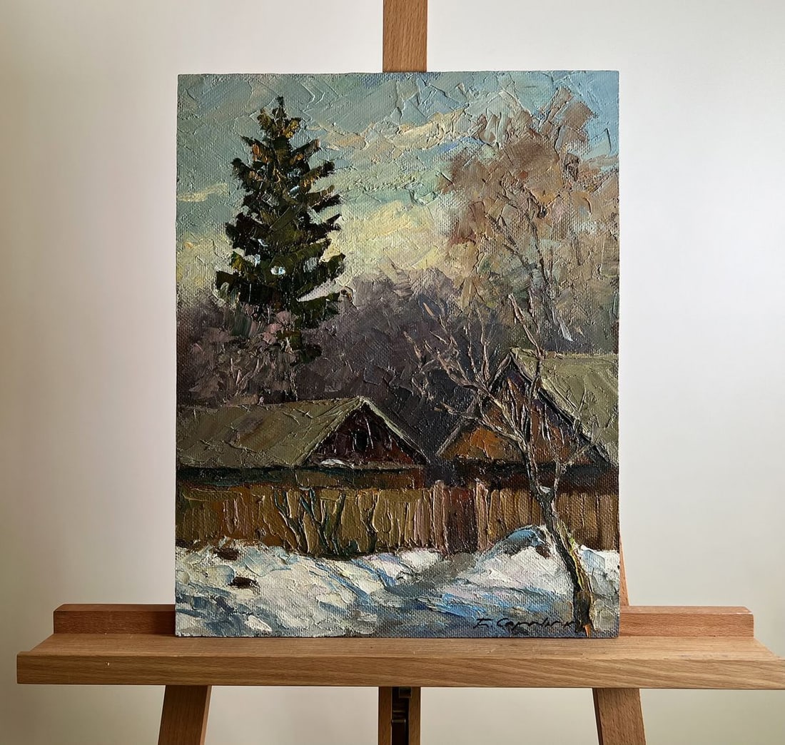Oil painting A cold December day Boris Serdyuk: Title: Oil painting A cold December day Boris Serdyuk Description: No.AAA3754The oil painting on cardboard, titled "A Cold December Day", captures the quiet stillness of winter in a rural village. The