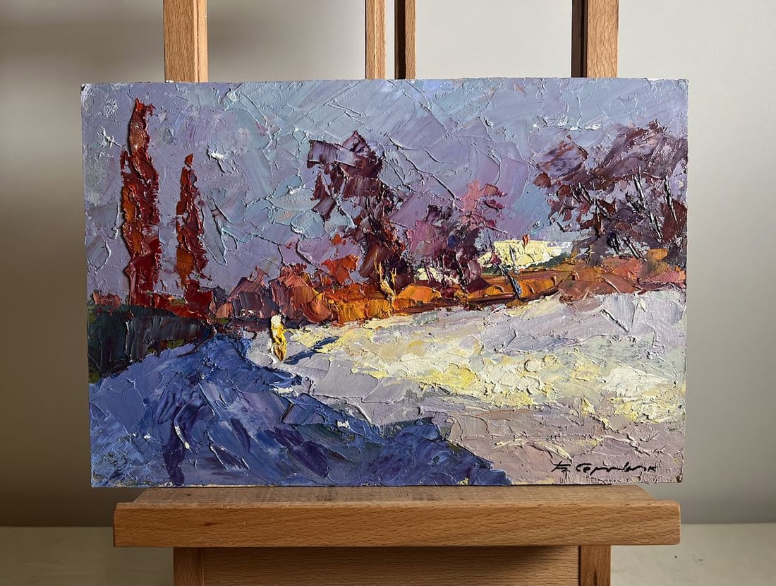 Oil painting Sunny day in winter Boris Serdyuk: Title: Oil painting Sunny day in winter Boris Serdyuk Description: No.AAA3764This oil painting cardboard, titled "Sunny day in winter", captures a bright yet atmospheric winter landscape. The artist e