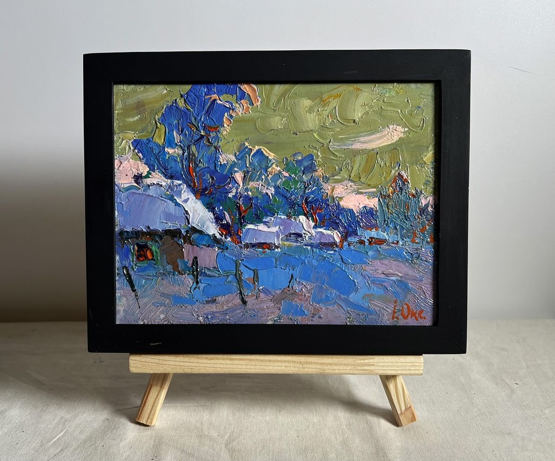 Oil painting Snowy village Oksana Kalenyuk: Title: Oil painting Snowy village Oksana Kalenyuk Description: No.AAA3917This oil painting cardboard, titled "Snowy village", the composition is alive with texture and movement, creating a sense of de