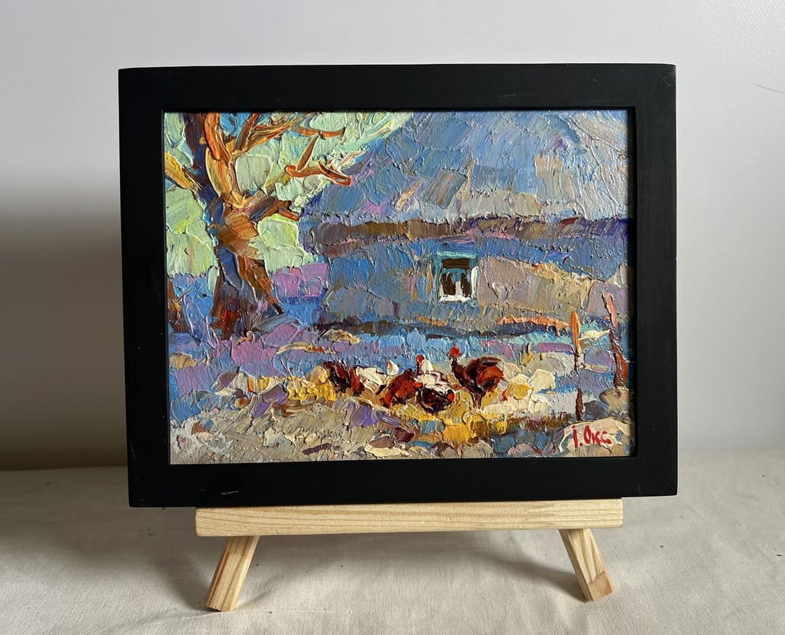 Oil painting Frost in the yard Oksana Kalenyuk: Title: Oil painting Frost in the yard Oksana Kalenyuk Description: No.AAA3958This oil painting cardboard, titled "Frost in the yard", the artist employs a thick impasto technique, using bold and expre