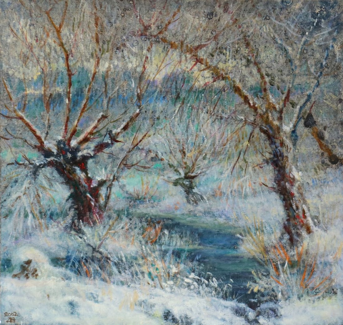 Oil painting Winter Vitaly Duhnevich: Title: Oil painting Winter Vitaly Duhnevich Description: No.Duhn 21In "Winter", Vitaly Duhnevich captures the hushed poetry of a frozen landscape. Gnarled trees, their bare branches stark against a bl