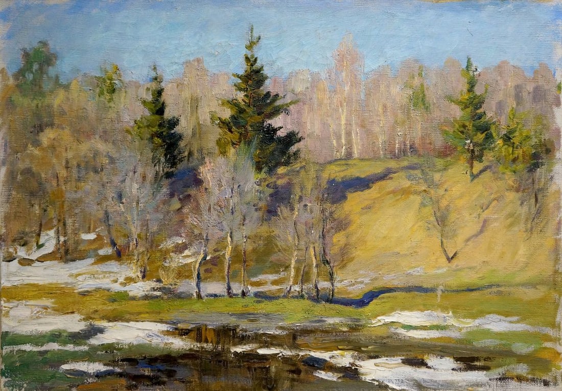 Oil painting End of winter Mynka Alexander Fedorovich: Title: Oil painting End of winter Mynka Alexander Fedorovich Description: No.Vern 635 *** ABOUT THIS PAINTING *** * TITLE: "End of winter" * ARTISTS: Mynka Alexander Fedorovich * SIZE: 50x70 cm/19.68x