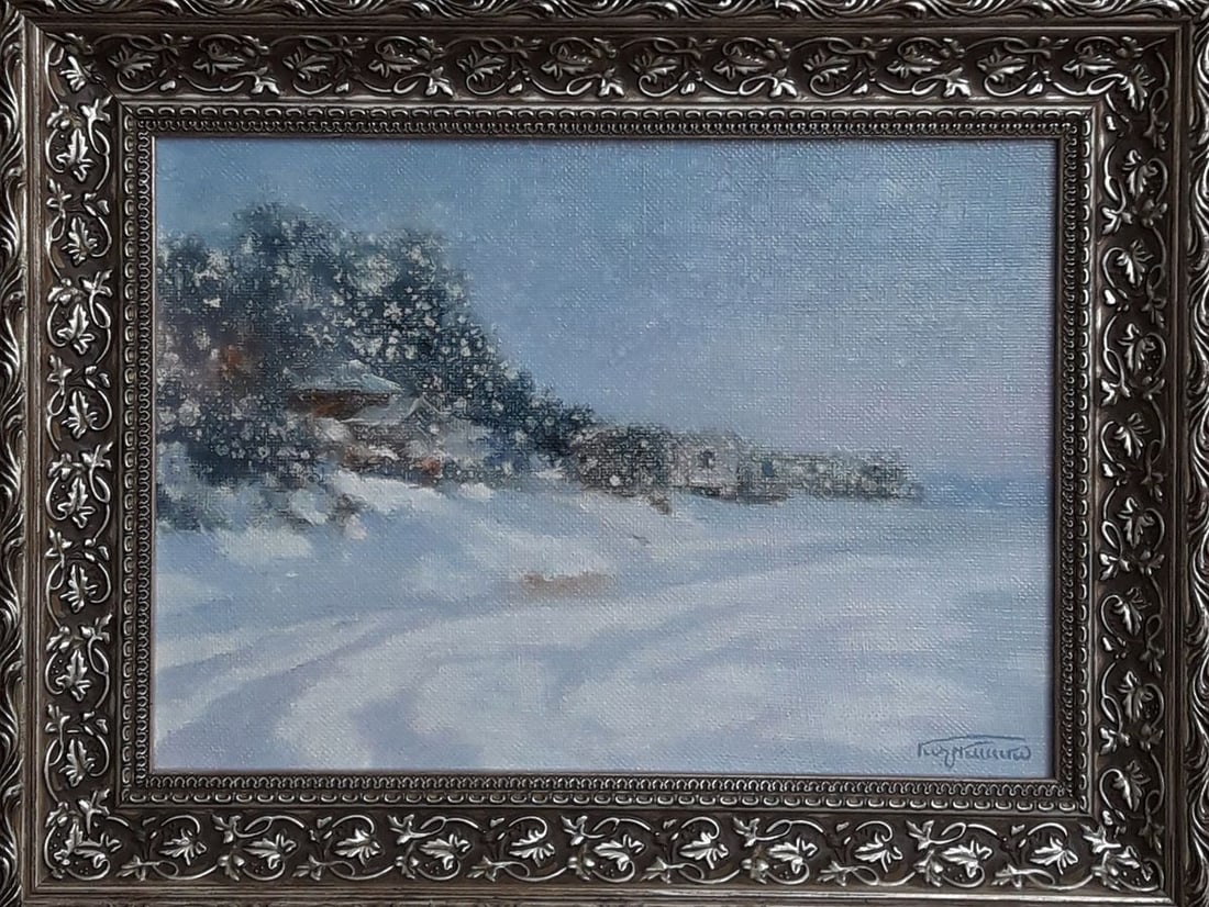 Oil painting It started snowing Vasily Korkishko: Title: Oil painting It started snowing Vasily Korkishko Description: No.Kork 254*** ABOUT THIS PAINTING **** TITLE: "It started snowing" * ARTISTS: Vasily Korkishko* SIZE: 25x35 cm/9.84x13.77