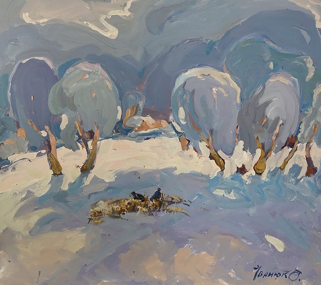 Oil painting Covered with snow Oleksiy Ivanyuk: Title: Oil painting Covered with snow Oleksiy Ivanyuk Description: No.Kalen 1619The oil painting on Canvas titled "Covered with Snow" transports the viewer into a soft, serene winter world where silen