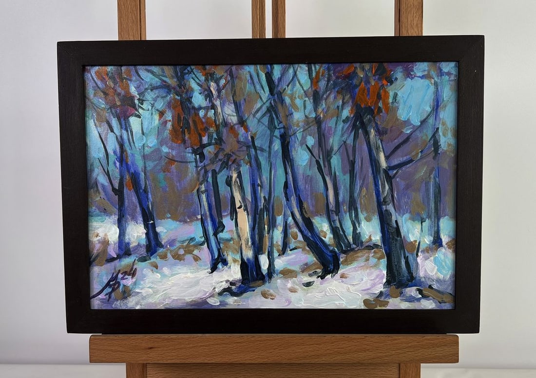 Acrylic painting The first snow fell Mykhailo Patskan: Title: Acrylic painting The first snow fell Mykhailo Patskan Description: No.AAA4815The acrylic painting on cardboard titled "The First Snow Fell" beautifully captures the transition between autumn an
