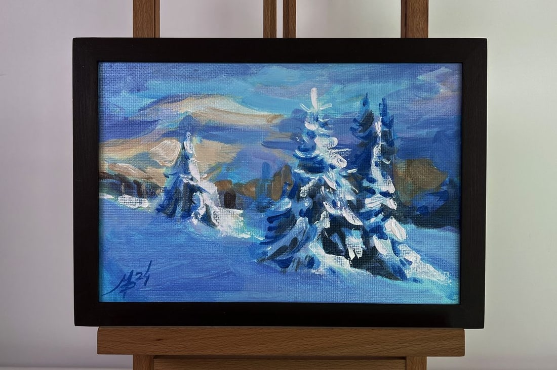 Acrylic painting Snowy forest Mykhailo Patskan: Title: Acrylic painting Snowy forest Mykhailo Patskan Description: No.AAA4821The acrylic painting on cardboard titled "Snowy Forest" beautifully captures the essence of a serene winter landscape, wher