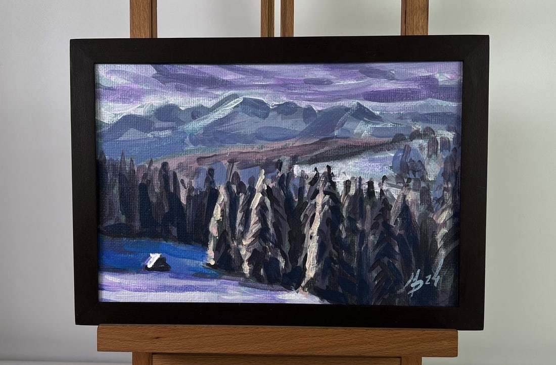 Acrylic painting Snowfall over mountain forest Mykhailo Patskan: Title: Acrylic painting Snowfall over mountain forest Mykhailo Patskan Description: No.AAA4847The acrylic painting on cardboard titled "Snowfall over Mountain Forest" captures the serene yet dramatic 