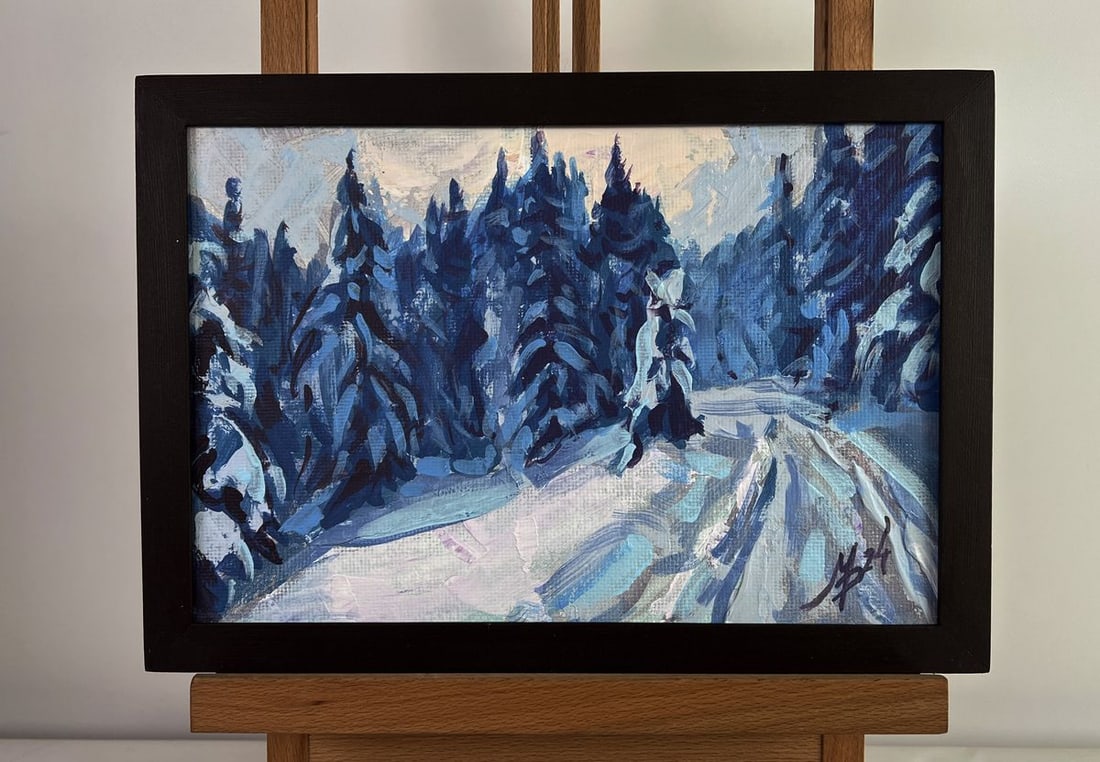 Acrylic painting The crunch of snow underfoot Mykhailo Patskan: Title: Acrylic painting The crunch of snow underfoot Mykhailo Patskan Description: No.AAA4853The acrylic painting on cardboard titled "The Crunch of Snow Underfoot" captures the serene beauty of a win