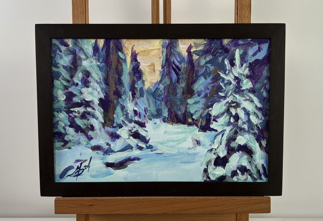 Acrylic painting Winter evening in the forest Mykhailo Patskan: Title: Acrylic painting Winter evening in the forest Mykhailo Patskan Description: No.AAA4888The acrylic painting on cardboard titled "Winter Evening in the Forest" captures the quiet majesty and sere