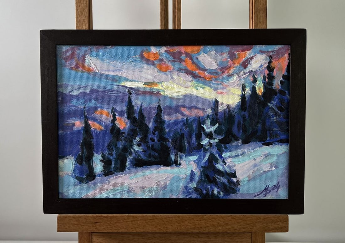 Acrylic painting Sunset in the winter mountains Mykhailo Patskan: Title: Acrylic painting Sunset in the winter mountains Mykhailo Patskan Description: No.AAA4926The acrylic painting on cardboard titled "Sunset in the Winter Mountains" is a breathtaking portrayal of 