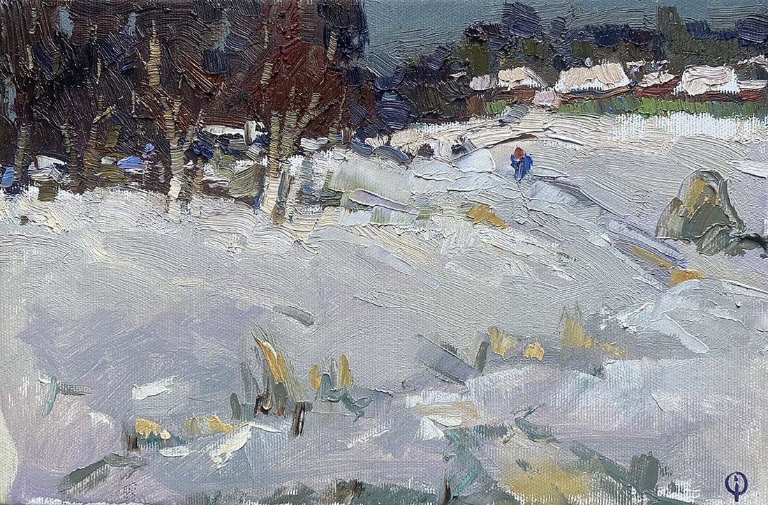 Oil painting Evening Oksana Kalenyuk: Title: Oil painting Evening Oksana Kalenyuk Description: No.Kalen 1332"Evening" is an evocative oil painting that captures the essence of a dusky winter's eve. The artist has masterfully employed a