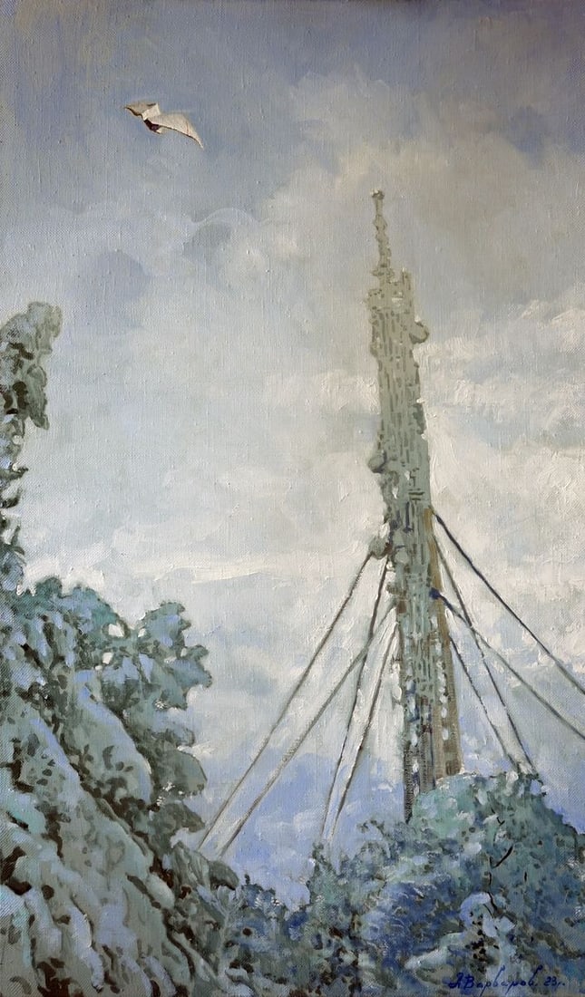Oil painting Connection Varvarov Anatoly Viktorovich: Title: Oil painting Connection Varvarov Anatoly Viktorovich Description: No.Varv 202The oil painting "Connection" depicts a towering radio or cellular transmission tower, standing as a sentinel agains