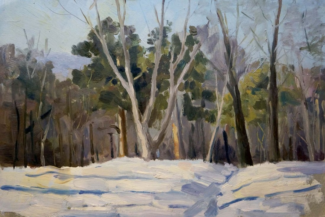Oil painting Winter landscape: Title: Oil painting Winter landscape Description: No.Verns 300 *** ABOUT THIS PAINTING *** * TITLE: "Winter landscape" * ARTISTS: Unknown artist * SIZE: 24x35 cm/9.44x13.77 inches' * MEDIUM: oil, card