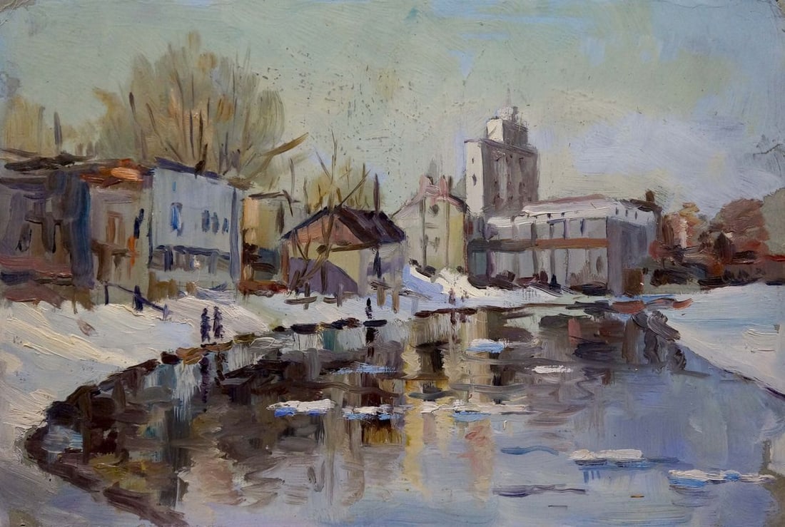 Oil painting Winter landscape: Title: Oil painting Winter landscape Description: No.Verns 529 *** ABOUT THIS PAINTING *** * TITLE: "Winter landscape" * ARTISTS: Unknown artist * SIZE: 24x35 cm/9.44x13.77 inches' * MEDIUM: oil, card