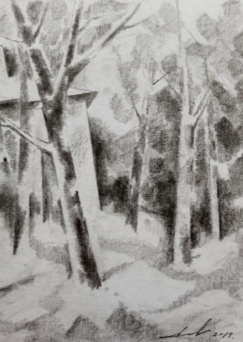 Abstract pencil painting Landscape with a house Peter Tovpev - 3