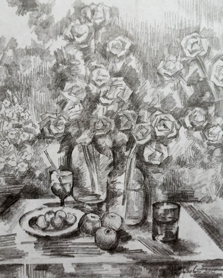 Pencil painting Roses on the table Peter Tovpev (1 of 4)