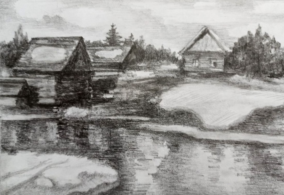 Pencil painting Village landscape Peter Tovpev: Title: Pencil painting Village landscape Peter Tovpev Description: No.Dobr 592 *** ABOUT THIS PAINTING *** * TITLE: "Village landscape" * ARTISTS: Peter Tovpev * SIZE: 15x21 cm/5.90x8.26 inches' * MED
