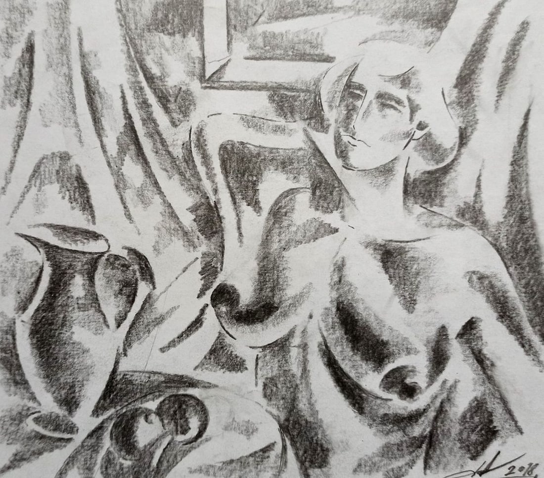 Abstract pencil painting Naked girl at the table Peter Tovpev: Title: Abstract pencil painting Naked girl at the table Peter Tovpev Description: No.Dobr 659 *** ABOUT THIS PAINTING *** * TITLE: "Naked girl at the table" * ARTISTS: Peter Tovpev * SIZE: 16x18 cm/6.