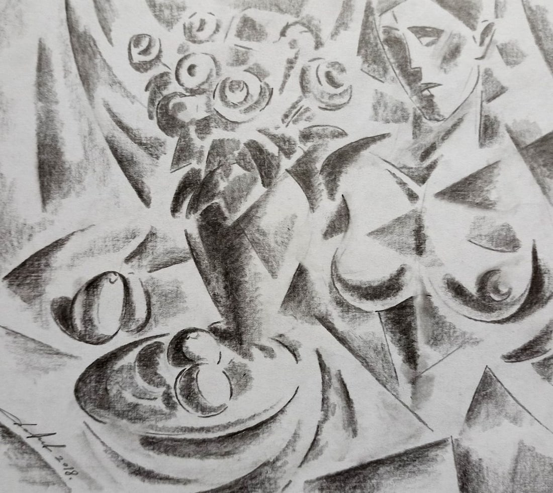 Abstract pencil painting Naked girl at the table Peter Tovpev: Title: Abstract pencil painting Naked girl at the table Peter Tovpev Description: No.Dobr 666 *** ABOUT THIS PAINTING *** * TITLE: "Naked girl at the table" * ARTISTS: Peter Tovpev * SIZE: 16x18 cm/6.