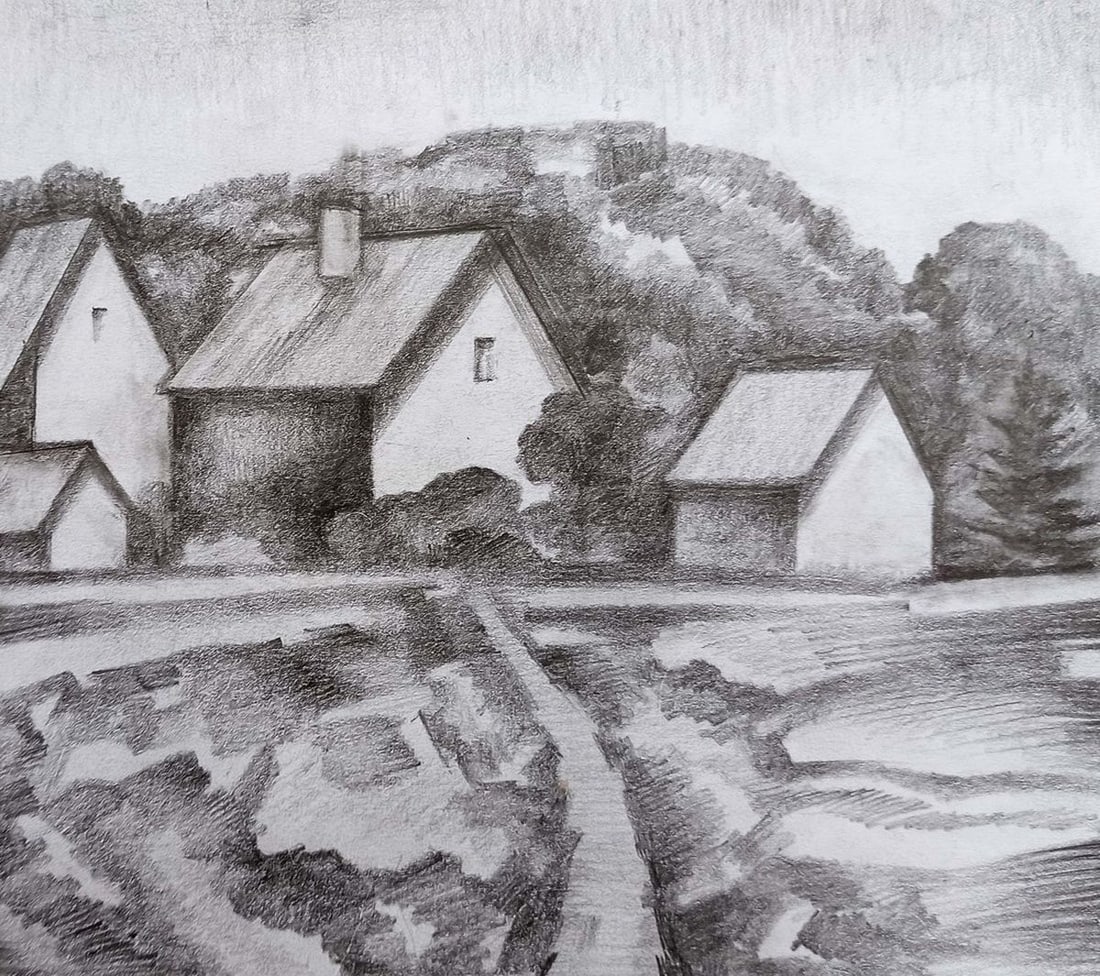 Pencil painting Village landscape Peter Tovpev: Title: Pencil painting Village landscape Peter Tovpev Description: No.Dobr 308 *** ABOUT THIS PAINTING *** * TITLE: "Village landscape" * ARTISTS: Peter Tovpev * SIZE: 16x20 cm/6.29x7.87 inches' * MED