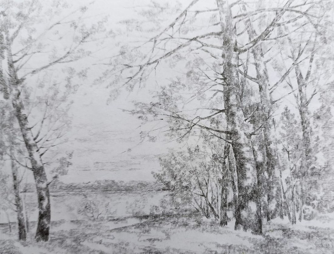 Pencil painting Late fall Peter Tovpev: Title: Pencil painting Late fall Peter Tovpev Description: No.Dobr 364 *** ABOUT THIS PAINTING *** * TITLE: "Late fall" * ARTISTS: Peter Tovpev * SIZE: 15x19 cm/5.90x7.48 inches' * MEDIUM: pencil, pap
