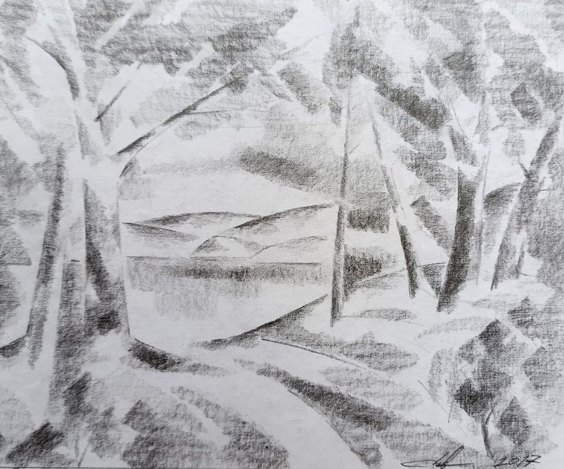 Abstract pencil painting Lake in the forest Peter Tovpev: Title: Abstract pencil painting Lake in the forest Peter Tovpev Description: No.Dobr 386 *** ABOUT THIS PAINTING *** * TITLE: "Lake in the forest" * ARTISTS: Peter Tovpev * SIZE: 18x20 cm/7.08x7.87 in