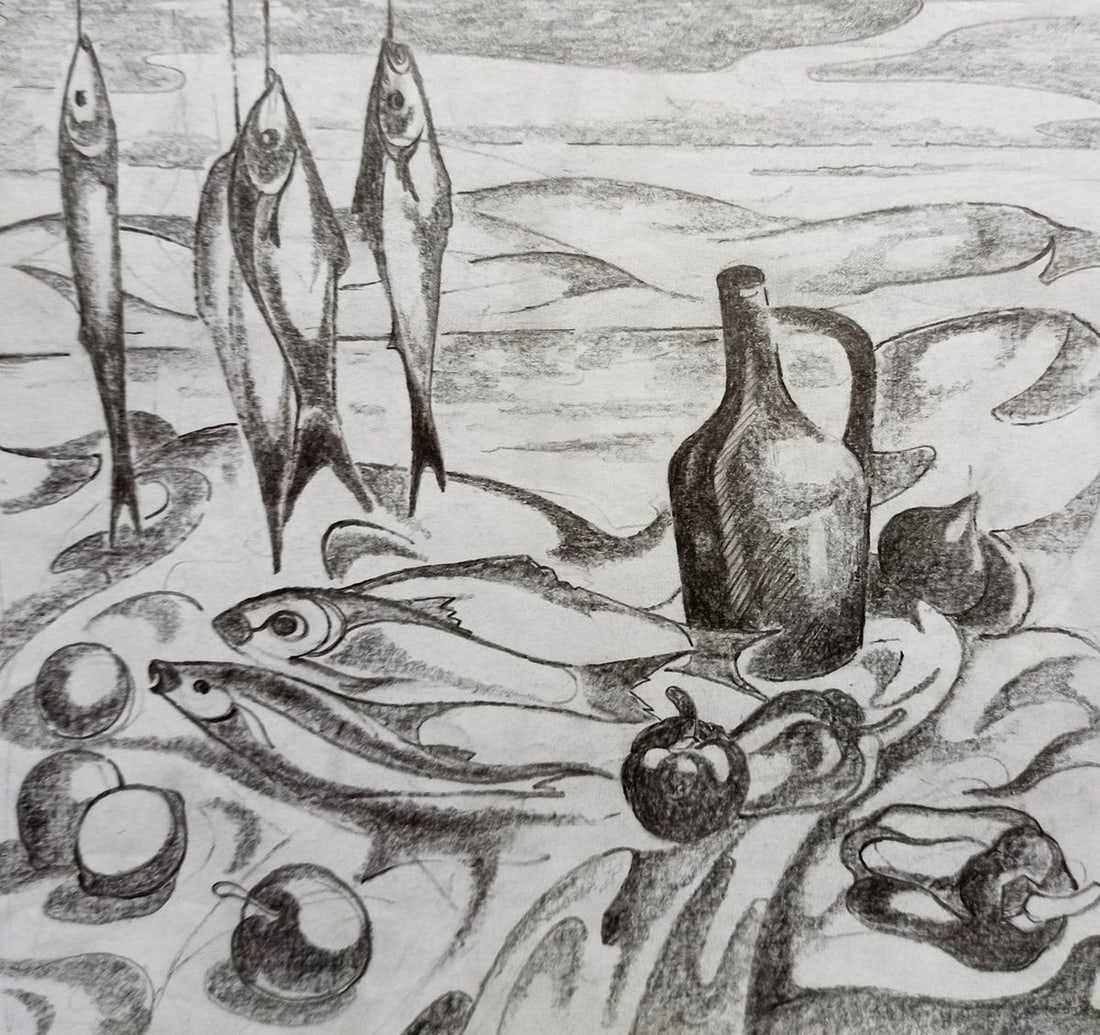 Abstract pencil painting Still life with fishes Peter Tovpev: Title: Abstract pencil painting Still life with fishes Peter Tovpev Description: No.Dobr 460 *** ABOUT THIS PAINTING *** * TITLE: "Still life with fishes" * ARTISTS: Peter Tovpev * SIZE: 18x20