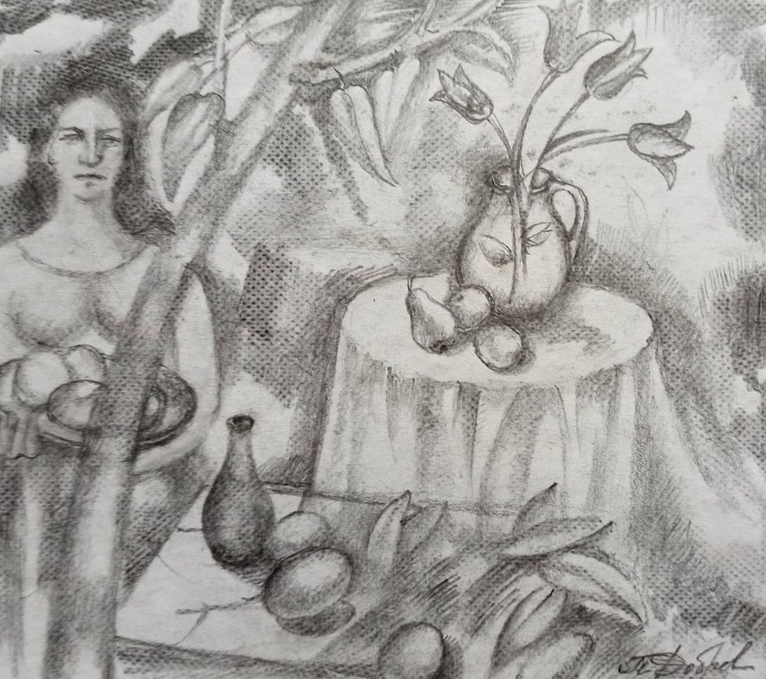 Pencil painting Sweet table Peter Tovpev: Title: Pencil painting Sweet table Peter Tovpev Description: No.Dobr 508 *** ABOUT THIS PAINTING *** * TITLE: "Sweet table" * ARTISTS: Peter Tovpev * SIZE: 18x20 cm/7.08x7.87 inches' * MEDIUM: pencil,