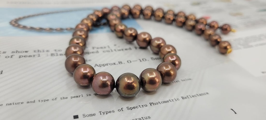 Necklace - 14 kt. Yellow gold, PSL Certified Chocolate Tahitian Pearls - 8.0x10.5mm - 8