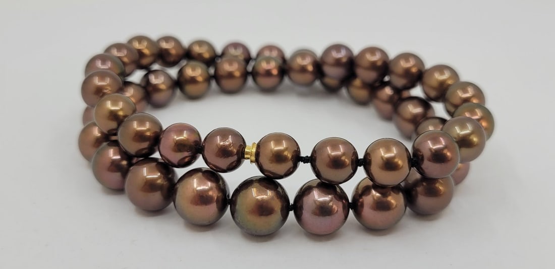 Necklace - 14 kt. Yellow gold, PSL Certified Chocolate Tahitian Pearls - 8.0x10.5mm - 9